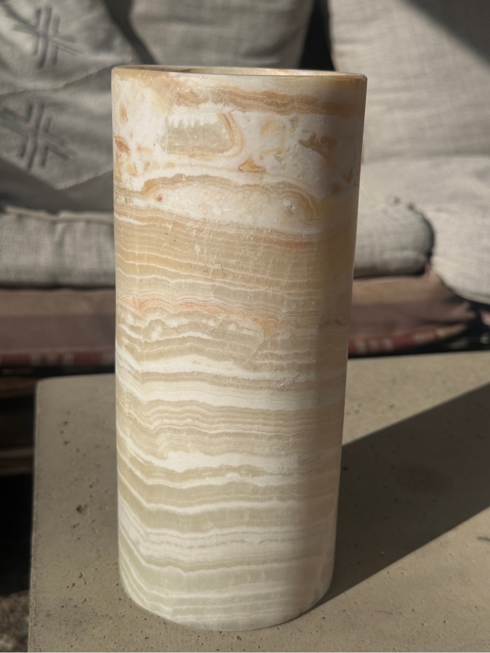 Hand Carved NATURAL STRIPED ALABASTER ONYX STONE Egyptian Candle Holder CYLINDER - Picture 3 of 6